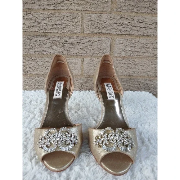 Badgley Mischka Gold Leather Peep Toe Stiletto Heels Crystal Embellished Size 6M - Picture 2 of 6